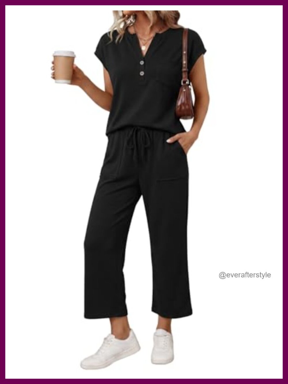 Women's 2 Piece Lounge Set Henley V Neck Top Wide Leg Crop Pants Casual